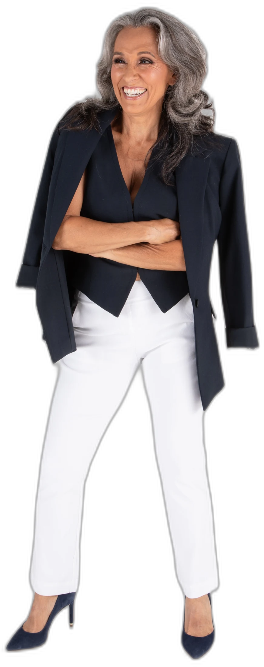 Nicole Jolie, arms crossed, jacket over her shoulders